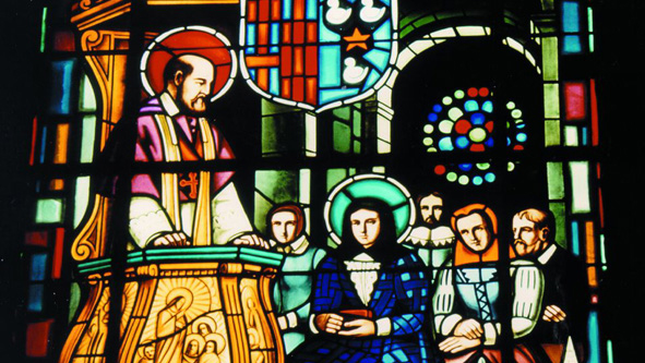 Franz von Sales begegnet Johanna Franziska von Chantal - Ausschnitt aus dem Glasfenster in der Kathedrale von Annecy.